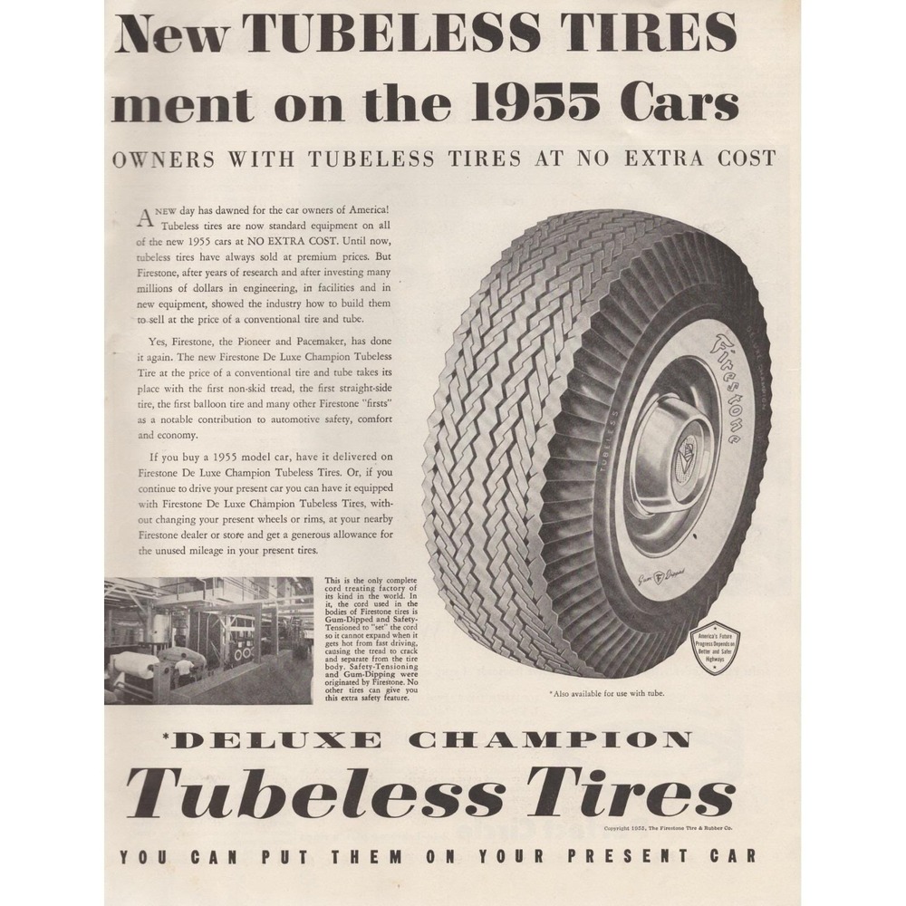 1955 Firestone Deluxe Champion Tubeless Tires Vintage Print Ad Man Cave Decor